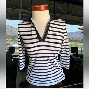 LRL Lauren Active Striped 3/4 Sleeve Pullover Top, Black and White